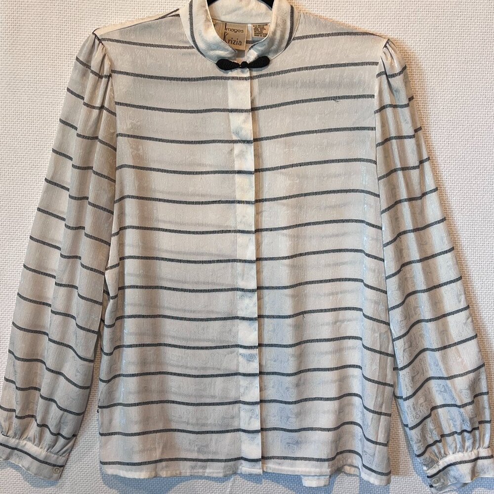 VTG 80s Images by Krizia Blouse Size 8 Italian Design Jacquard Stripe Puff Sleev